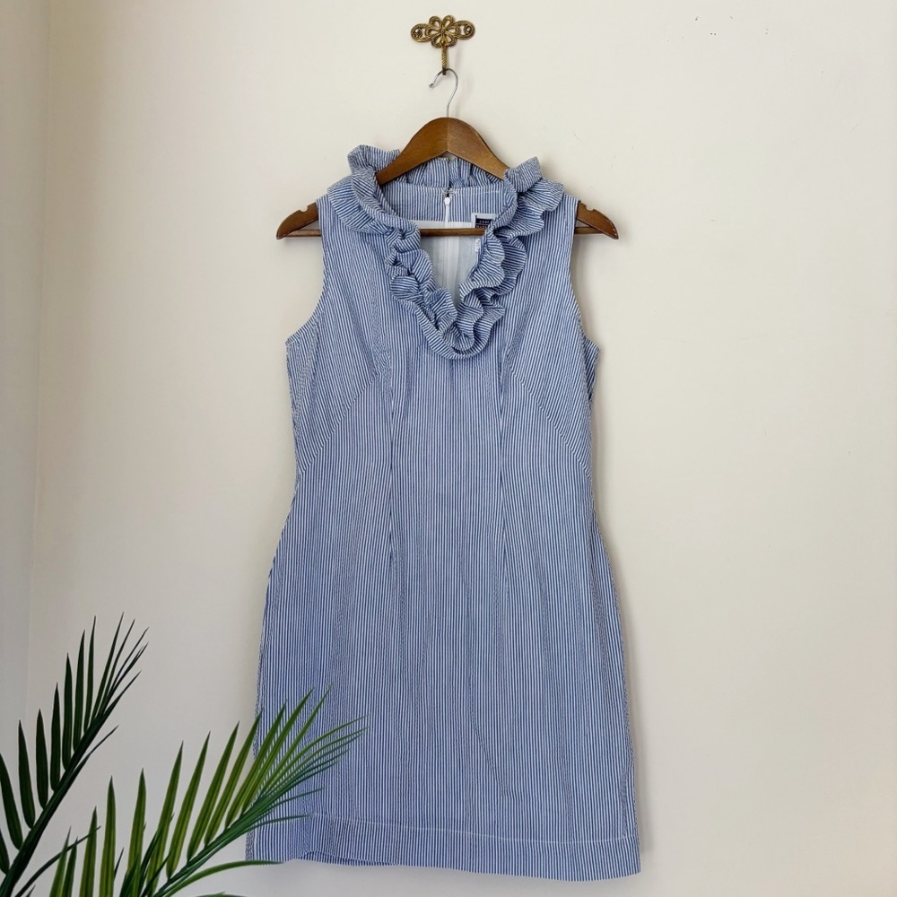 Just Madras Blue Seersucker Sleeveless Ruffle Dress Sz 4 Preppy Nautical